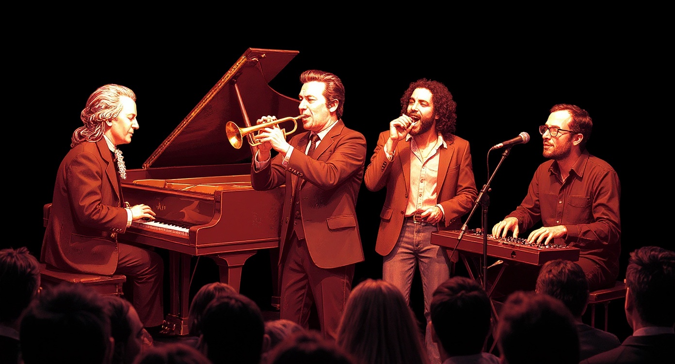 Four musicians from four eras playing together on one stage