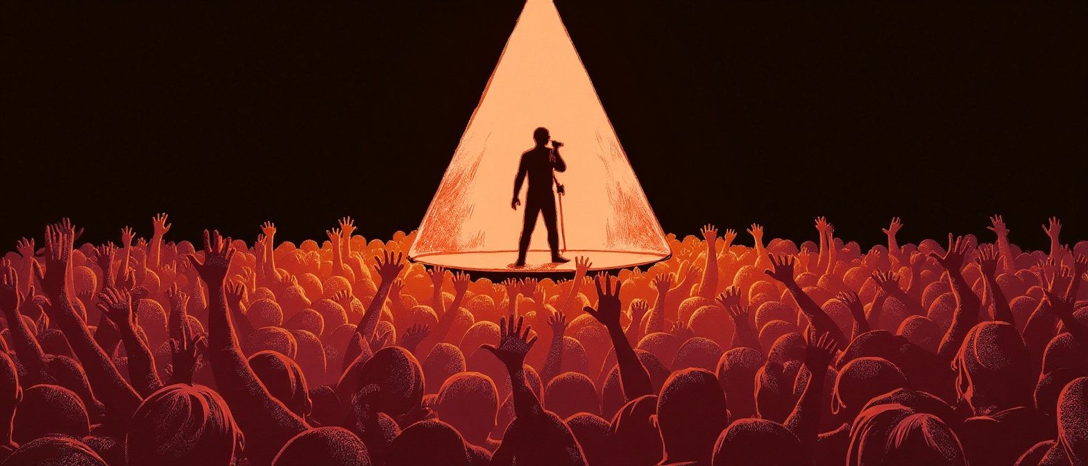 Etched concert crowd seen from behind, facing a distant singer under one orange spotlight