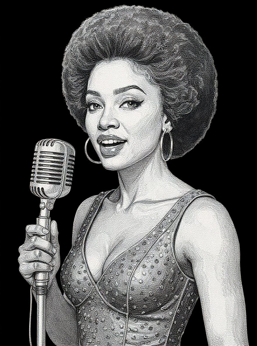 Uncolored state proof of Gloria Vance at a microphone