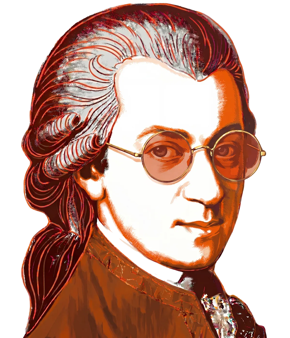 Anka artist Mozart, a colorized etching of Mozart wearing modern glasses